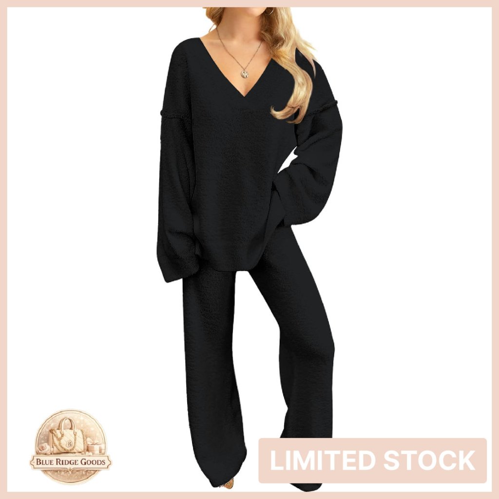 Fuzzy Fleece Lounge Set Long Sleeve V Neck Pajama Pants Cozy Loungewear